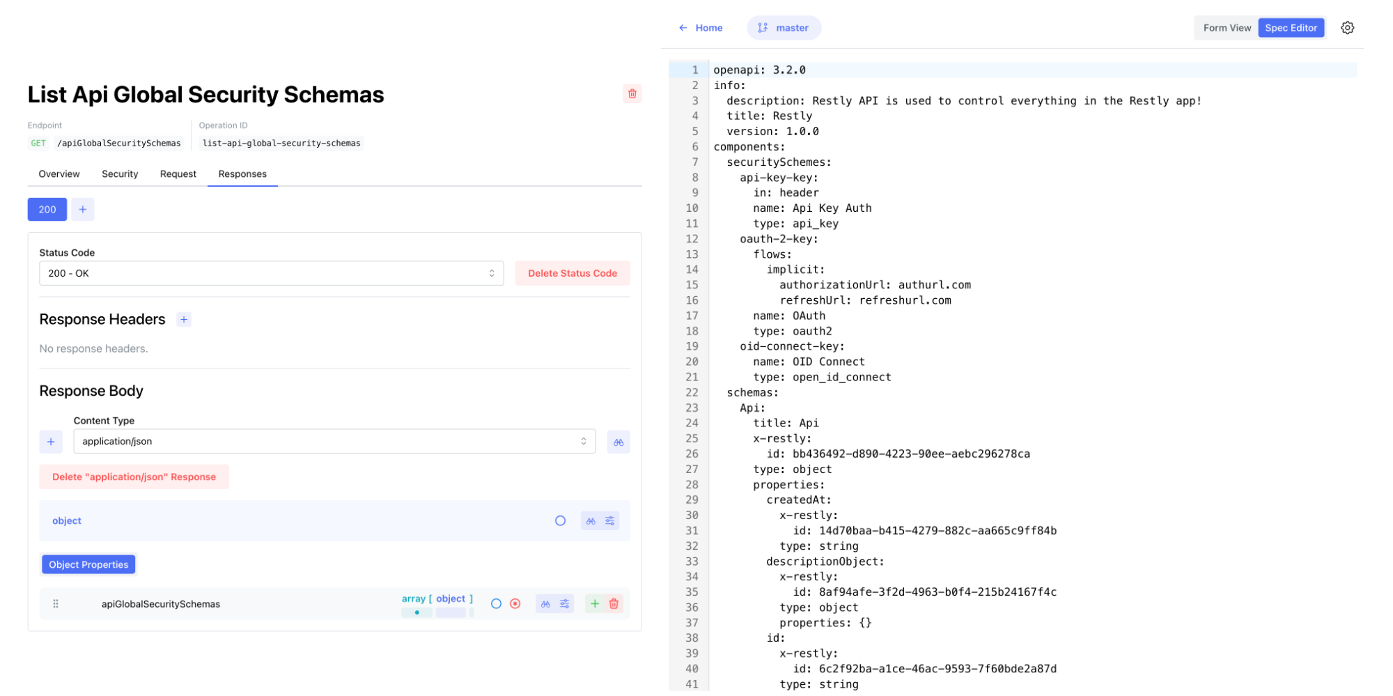 Restly form and spec editor side by side screenshot